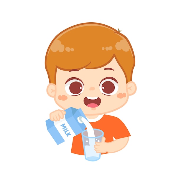 Happy cute kid pour milk to glass