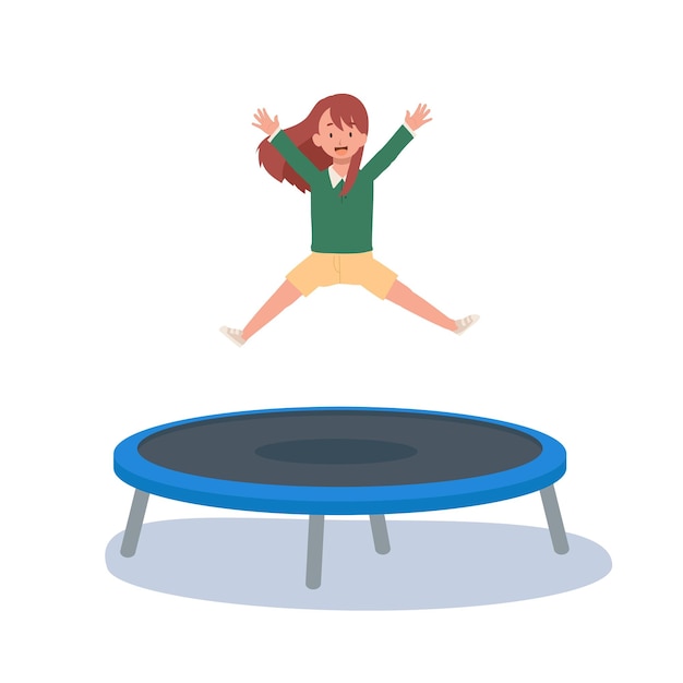 Vector happy cute kid smile jump on trampoline flat vector cartoon illustration