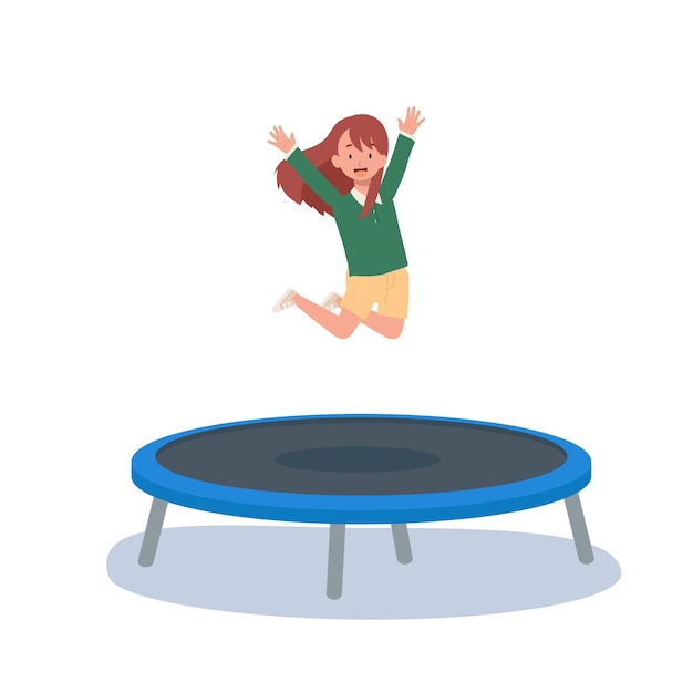 Vector happy cute kid smile jump on trampoline flat vector cartoon illustration