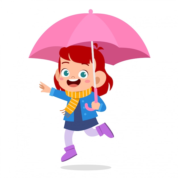 Happy cute kid use umbrella rain day