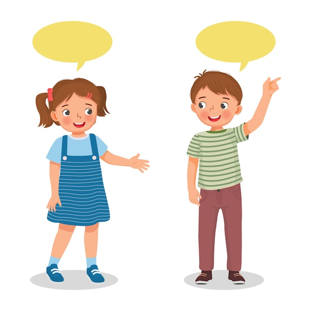 happy cute kids little boy and girl talking each other with speech bubble