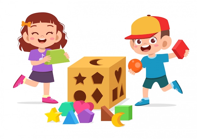 Happy cute kids play learn 3d geometry