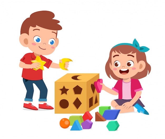 Happy cute kids play learn 3d geometry