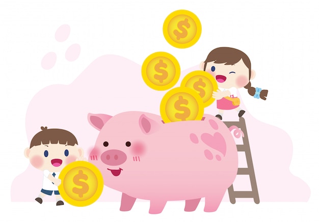 happy cute kids saving money investment