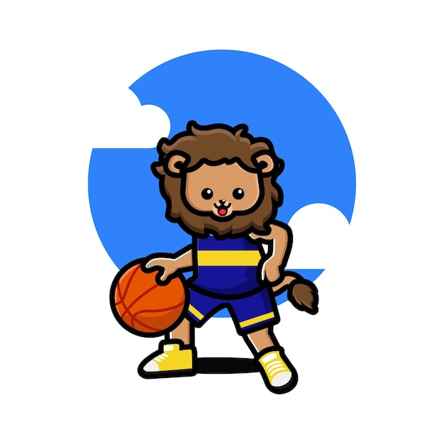 Happy cute lion playing basketball