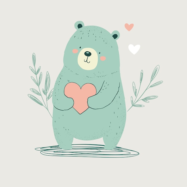 Happy cute little bear funny character with heart