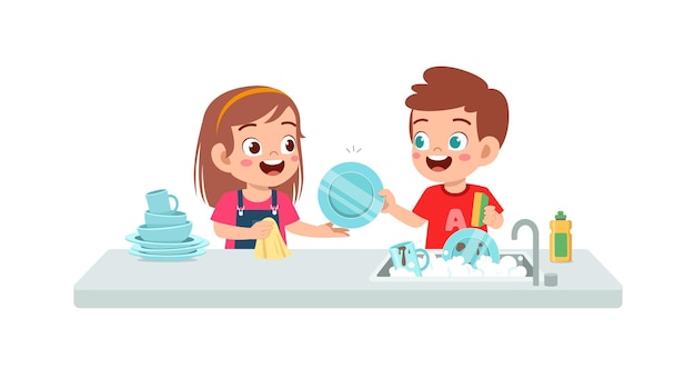 Happy cute little boy and girl washing dish together