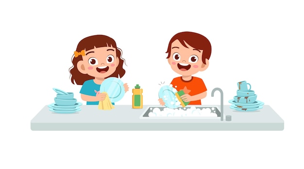 Happy cute little boy and girl washing dish together