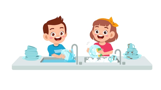 Happy cute little boy and girl washing dish together