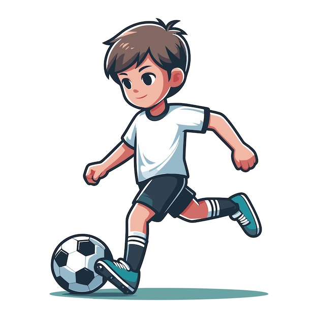 Happy cute little boy playing soccer football game in action cartoon vector illustration