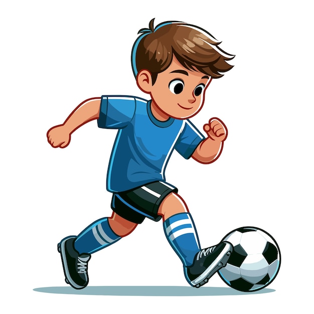 Happy cute little boy playing soccer football game in action cartoon vector illustration