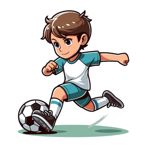 Happy cute little boy playing soccer football game in action cartoon vector illustration