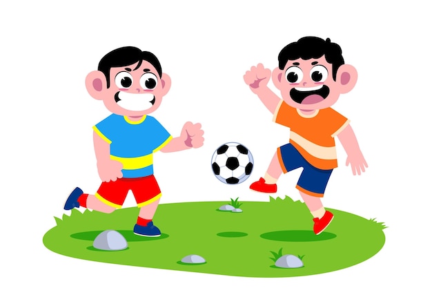 happy cute little boy playing soccer with friend