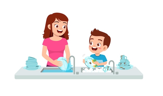 Happy cute little boy washing dish with mother