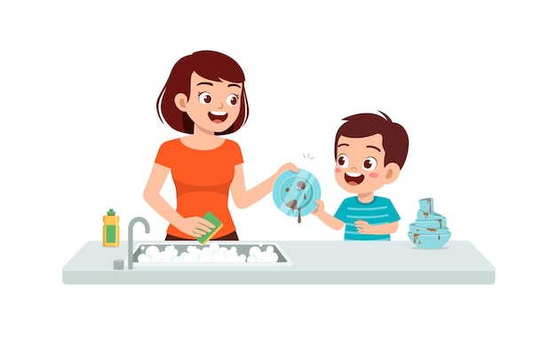 Happy cute little boy washing dish with mother