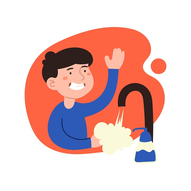 Happy cute little boy washing dishes Vector cartoon illustration of a little boy washing dishes in the kitchen Children do housework at home The guy on a red and white background