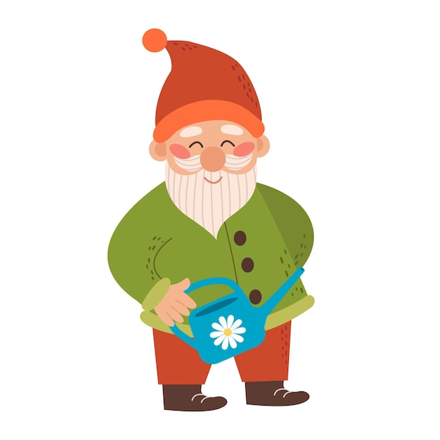 Happy cute little garden gnome with a beard Dwarf elf holding watering can Vector illustration of a fairytale character isolated on a white background