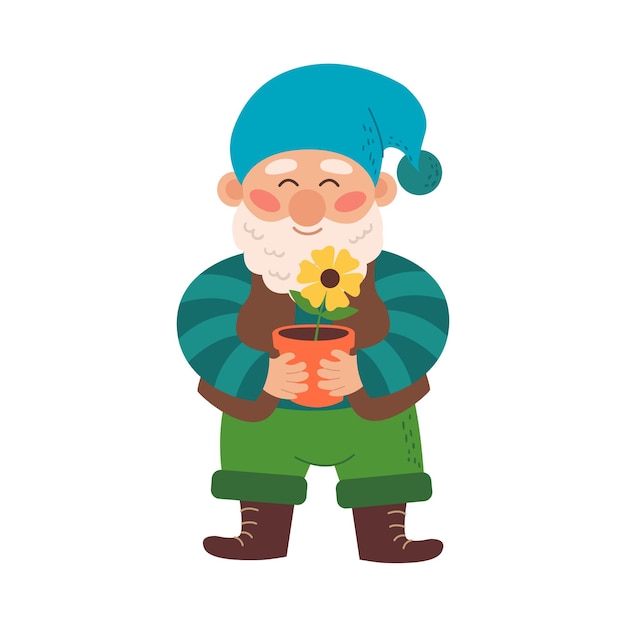 Happy cute little garden gnome with a beard elf holding a flower Vector illustration