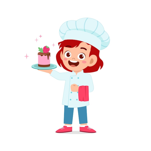 Happy cute little girl wear chef uniform and cooking a birthday cake