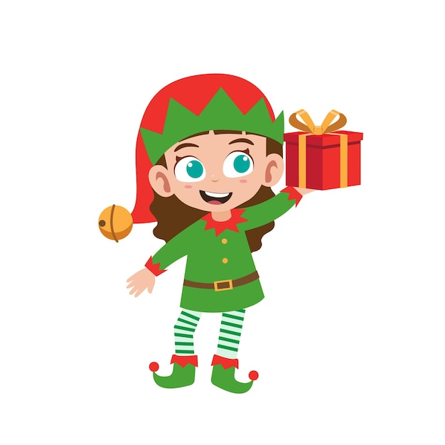 Happy cute little girl wearing green elf christmas costume vector illustration