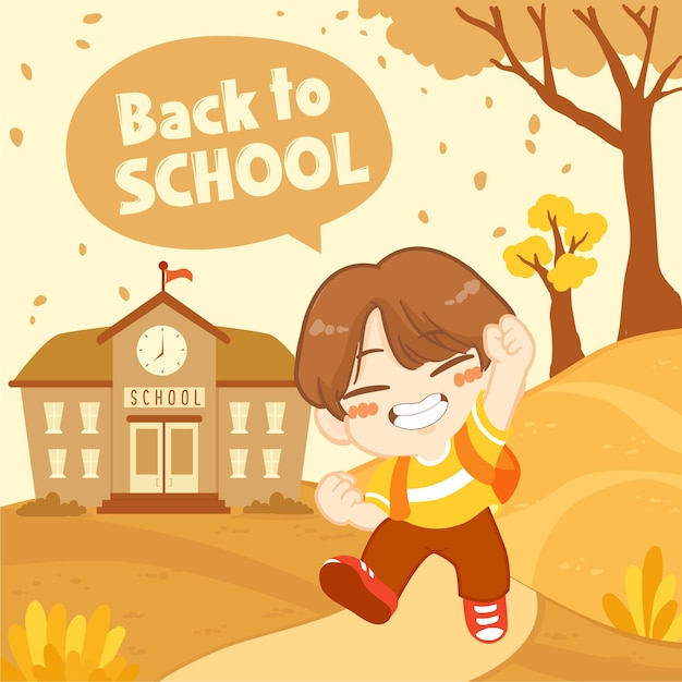 Happy cute little kid boy back to school with autumn fall background