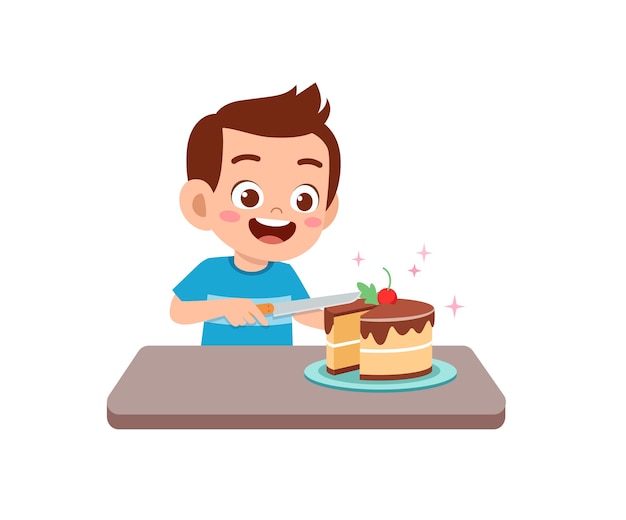 Happy cute little kid boy eat a birthday cake