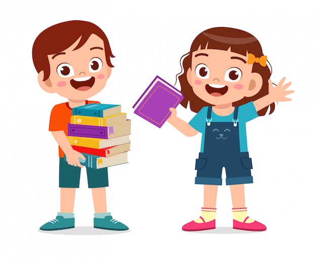 Happy cute little kid boy and girl carry pile of books