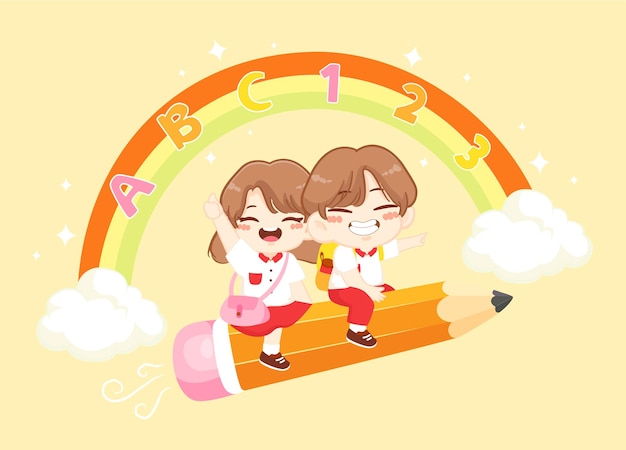 Happy cute little kid boy and girl go to school with flying pencil illustration