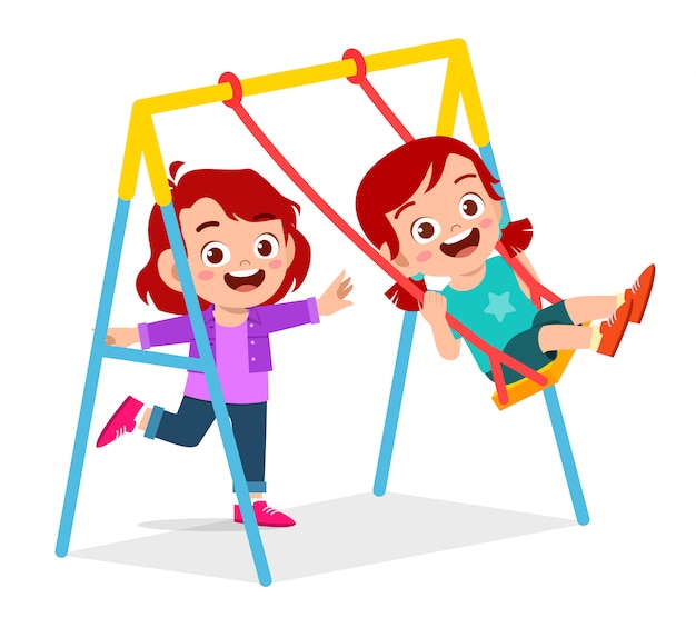 Happy cute little kid boy and girl play swing