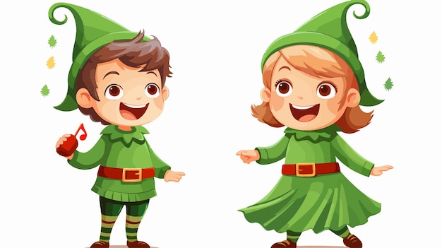 Happy Cute Little Kid Boy and Girl Wearing Green Elf Costume