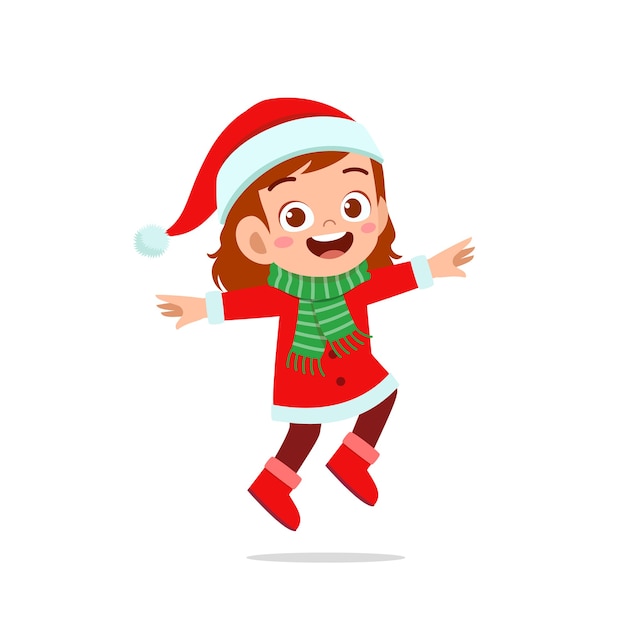 Happy cute little kid boy and girl wearing red christmas costume and jump