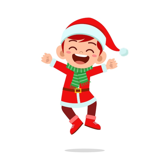 Happy cute little kid boy and girl wearing red christmas costume and jump