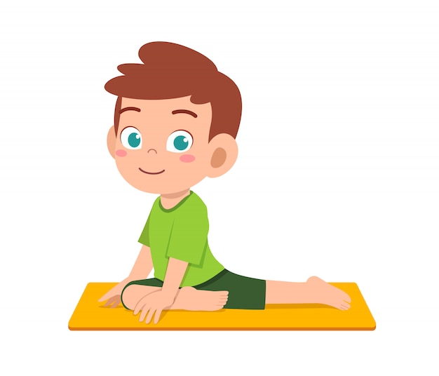 Happy cute little kid boy and girl do yoga pose