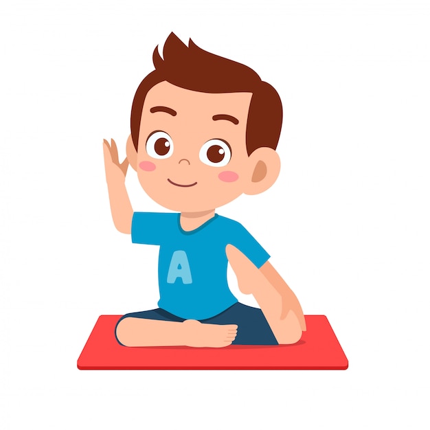 Happy cute little kid boy and girl do yoga pose