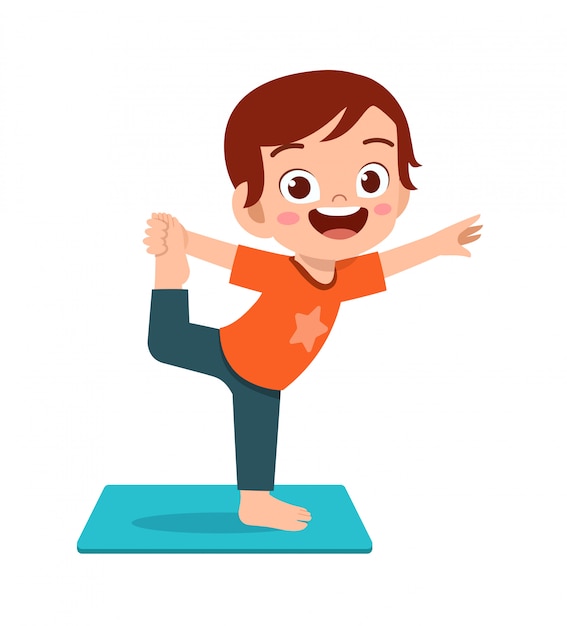 Happy cute little kid boy and girl do yoga pose