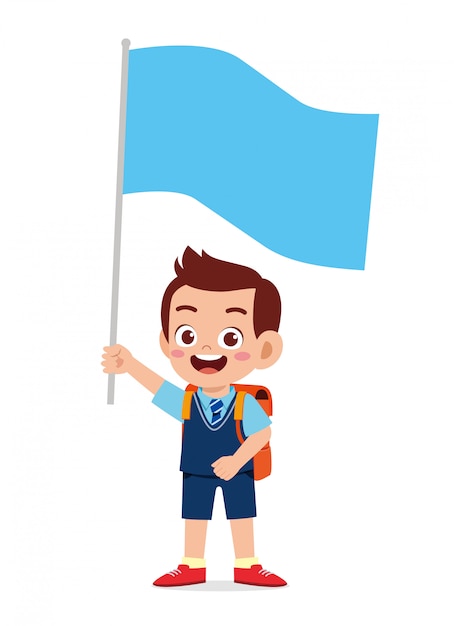 Happy cute little kid boy holding flag