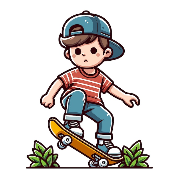 happy cute little kid boy playing skateboard vector illustration boy skater design template