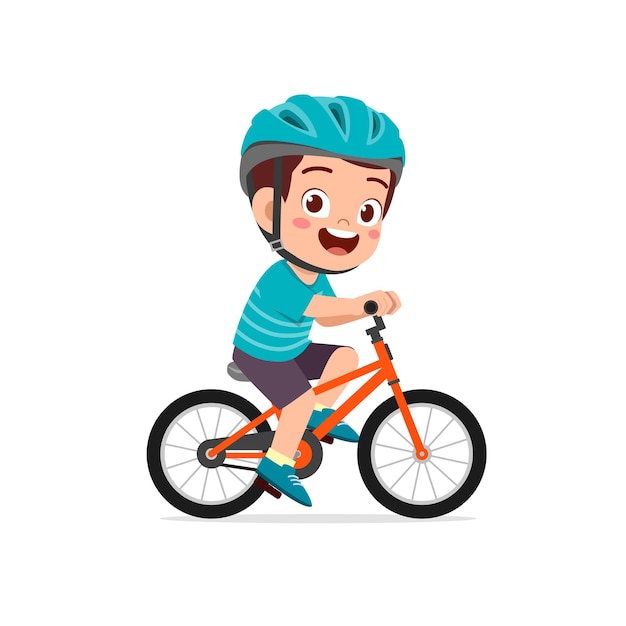 Happy cute little kid boy riding bicycle