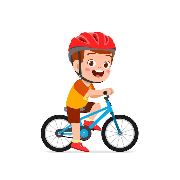 Happy cute little kid boy riding bicycle