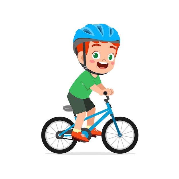 Happy cute little kid boy riding bicycle