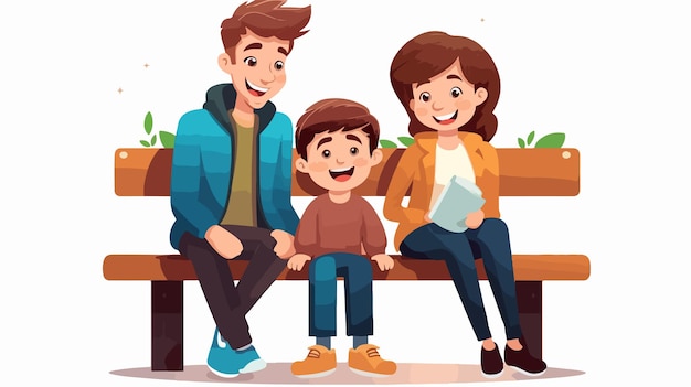 Vector happy cute little kid boy sitting with mom and dad carto