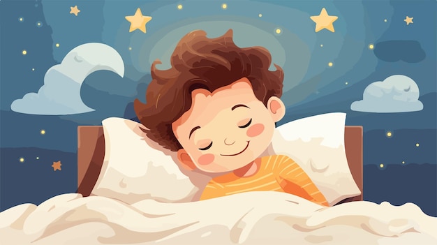 Vector happy cute little kid boy sleeping in bedroom cartoon