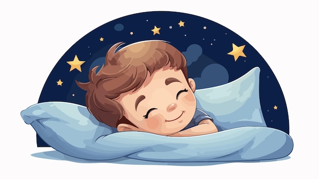 Vector happy cute little kid boy sleeping in the night cartoon illustration