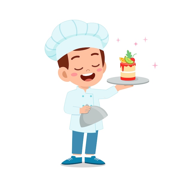 Happy cute little kid boy wear chef uniform and cooking a birthday cake