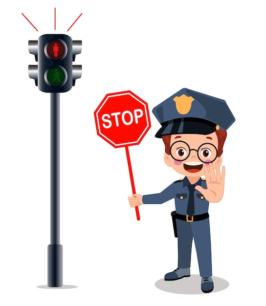 Happy cute little kid boy wearing police uniform and holding stop sign