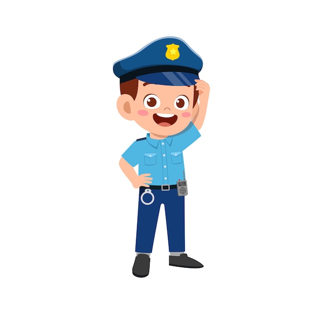 Happy cute little kid boy wearing police uniform