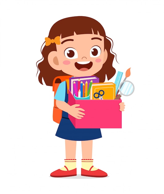 Happy cute little kid girl carry box of school supplies