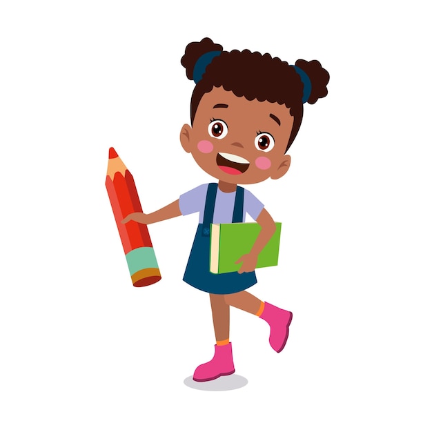 Happy cute little kid girl holding school supplies