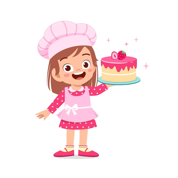 Happy cute little kid girl wear chef uniform and cooking a birthday cake