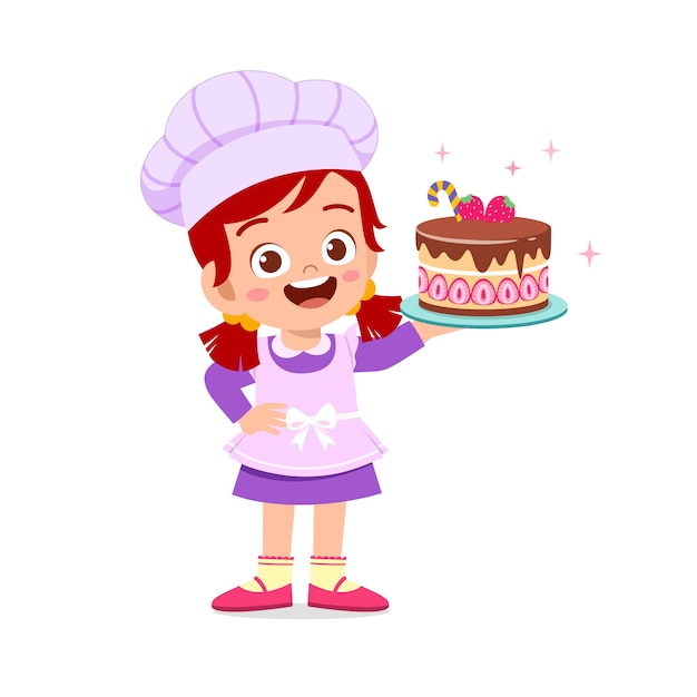 Happy cute little kid girl wear chef uniform and cooking a birthday cake